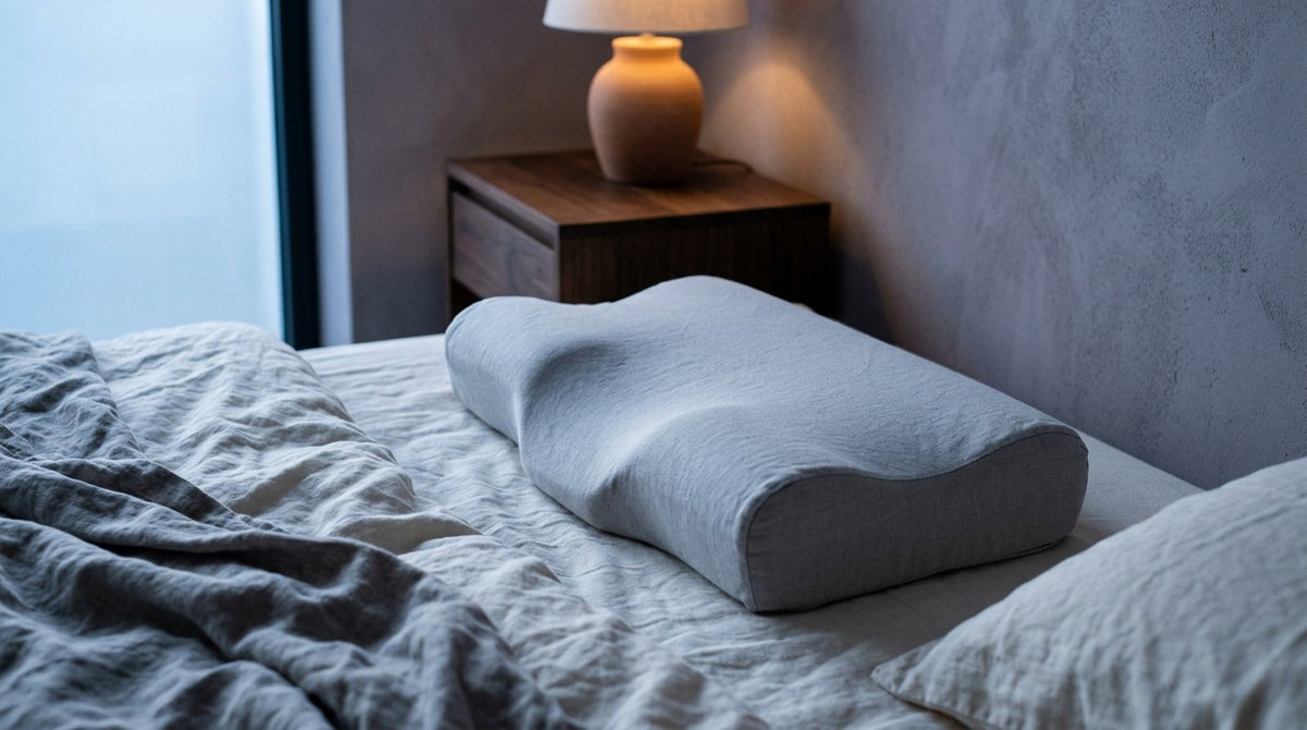 Almohada cervical de contorno de espuma viscoelástica sobre una cama en un dormitorio luminoso