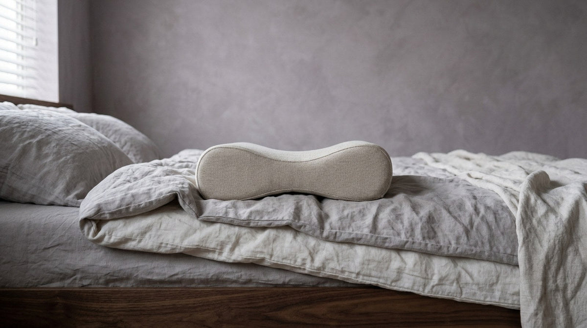 Cojín ergonómico de espuma viscoelástica sobre una cama con ropa de cama clara