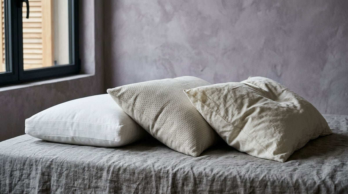 Tres almohadas de distinto relleno alineadas sobre una superficie de lino natural