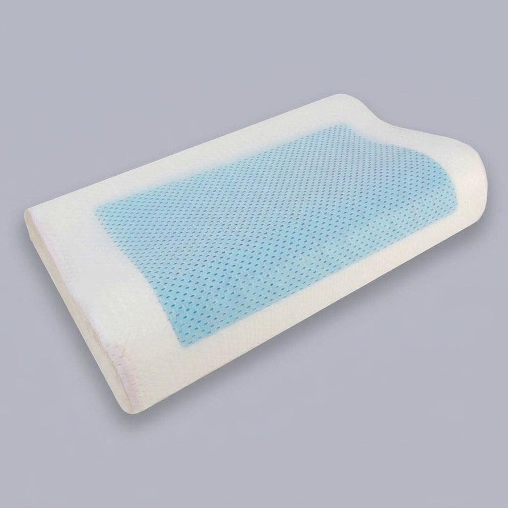 Almohada cervical viscoelástica con gel refrescante Fresco, sobre fondo liso de estudio