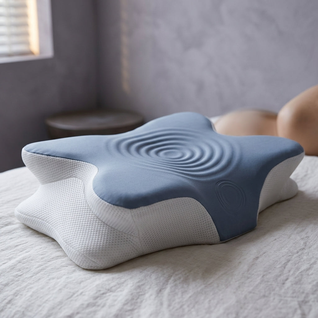 Almohada cervical mariposa de espuma viscoelástica con funda fría Nube, detalle del tejido y la espuma