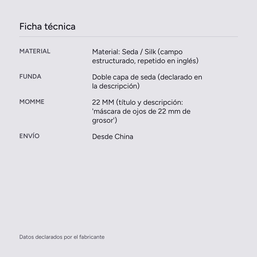 Antifaz de seda de morera 22 momme con certificado OEKO-TEX Calma, vista de producto