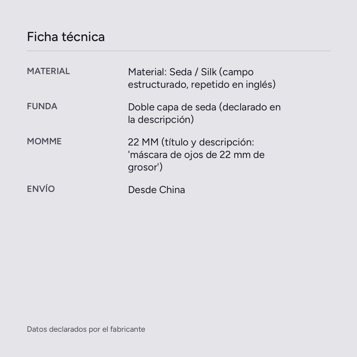 Antifaz de seda de morera 22 momme con certificado OEKO-TEX Calma, vista de producto