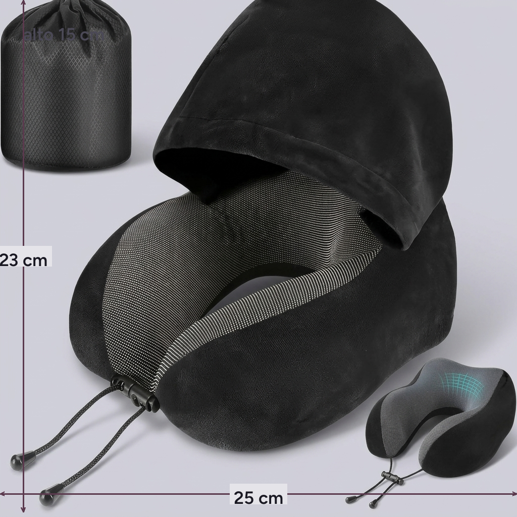 Almohada de viaje en U con capucha Capucha, con sus medidas indicadas
