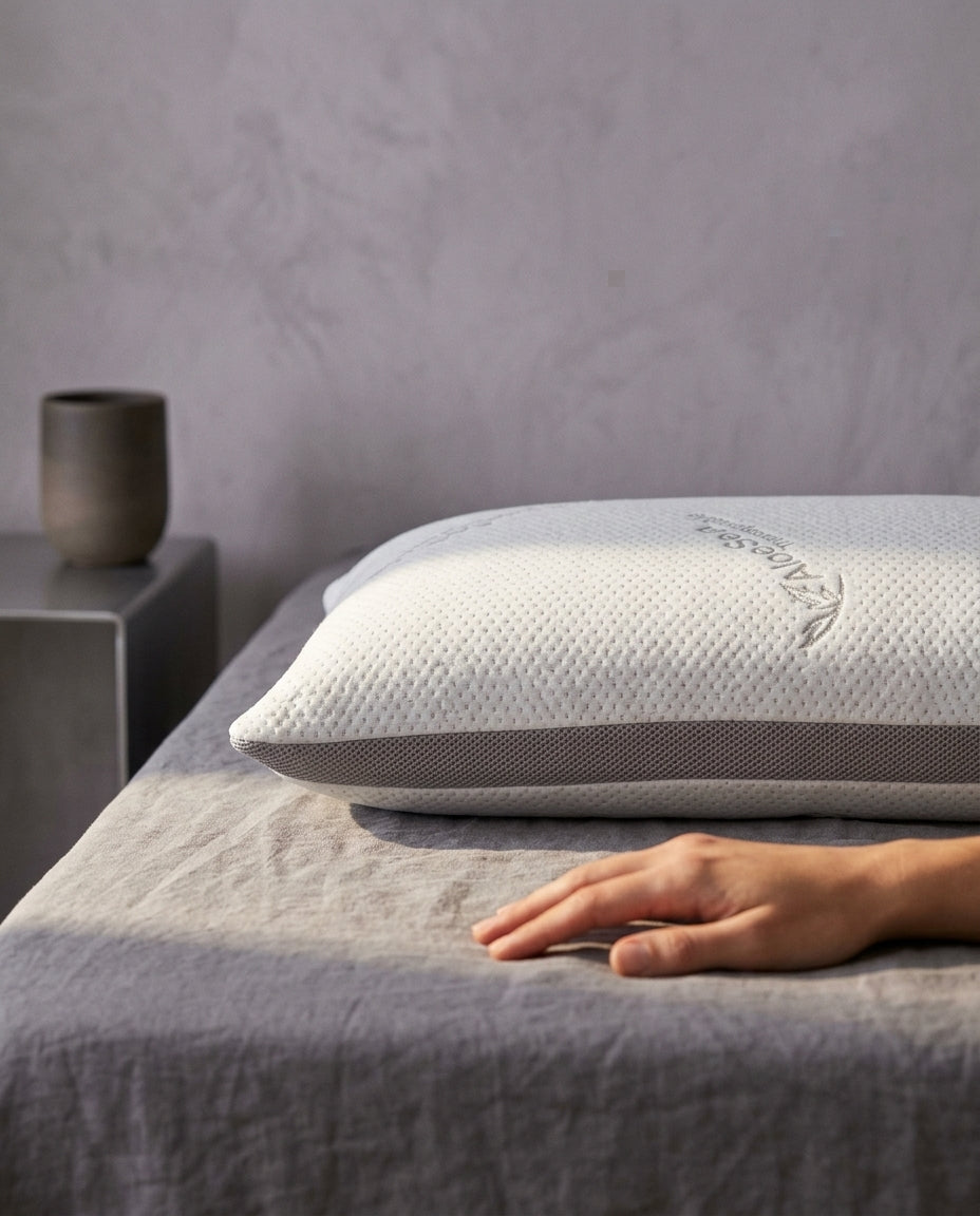 Almohada de viscocopos de firmeza media-alta Copo, de perfil a la altura del colchón