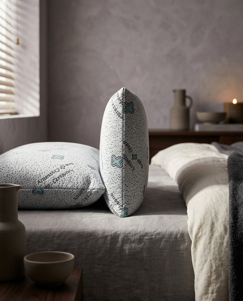 Almohada viscoelástica compacta de 50 × 30 cm Mini, de perfil a la altura del colchón