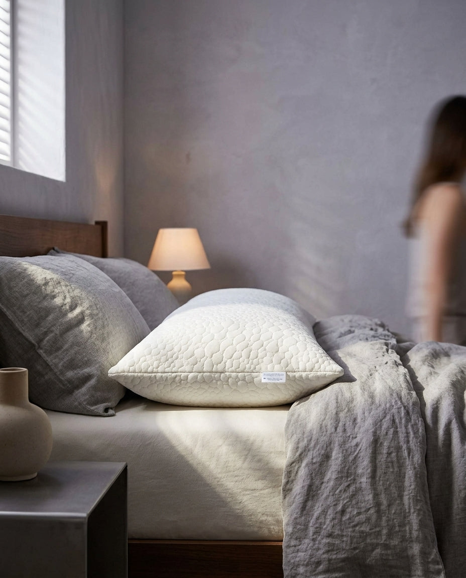 Almohada viscoelástica lisa Llana, de perfil a la altura del colchón