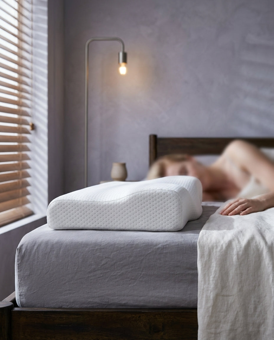 Almohada cervical mariposa de espuma viscoelástica Mariposa, de perfil a la altura del colchón