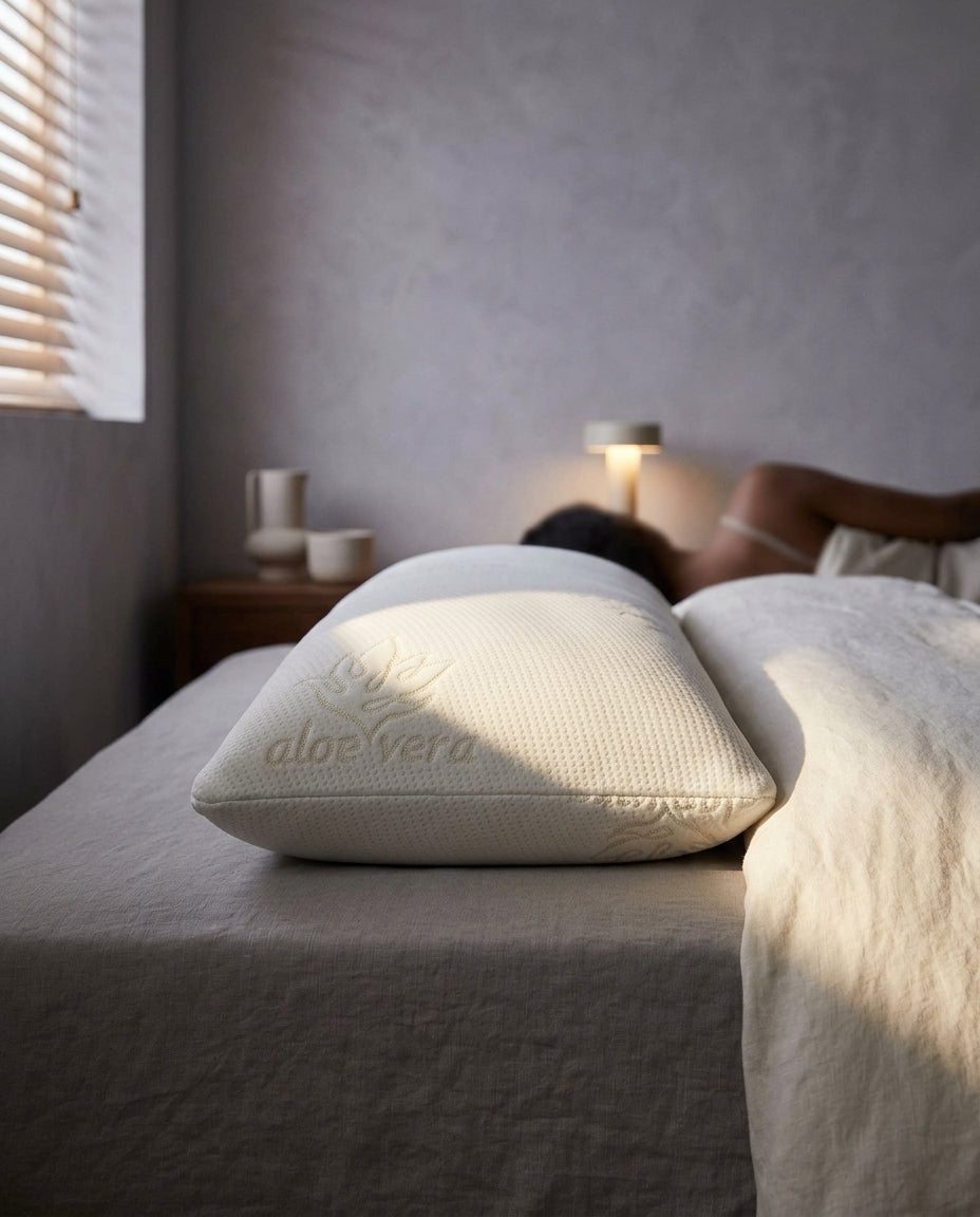 Pack de 2 almohadas viscoelásticas de copos Pareja, de perfil a la altura del colchón
