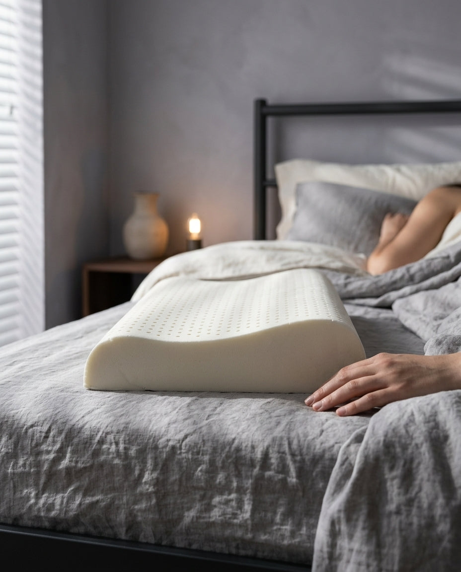 Almohada cervical de látex natural Savia, de perfil a la altura del colchón