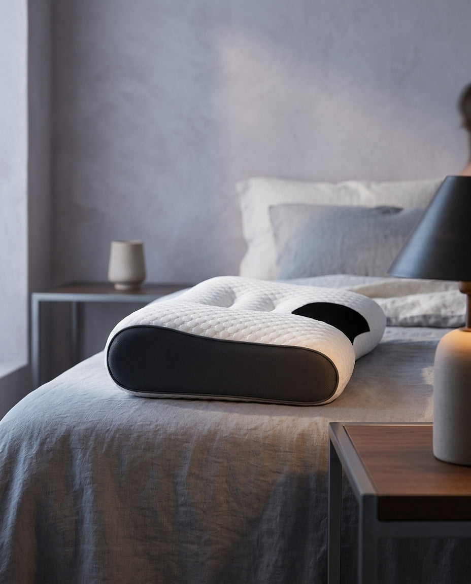 Almohada cervical ergonómica de 61 × 38 cm Vega, de perfil a la altura del colchón