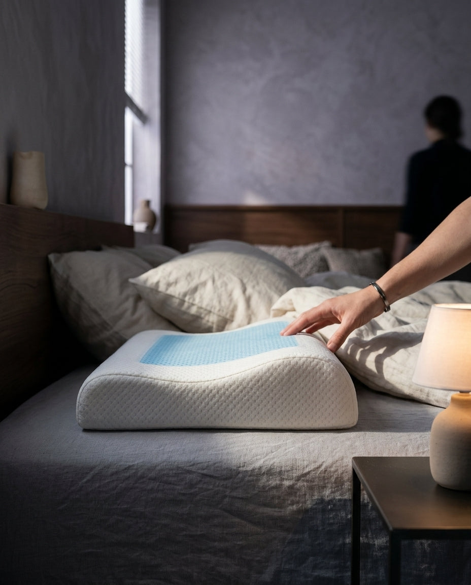 Almohada cervical viscoelástica con gel refrescante Fresco, de perfil a la altura del colchón