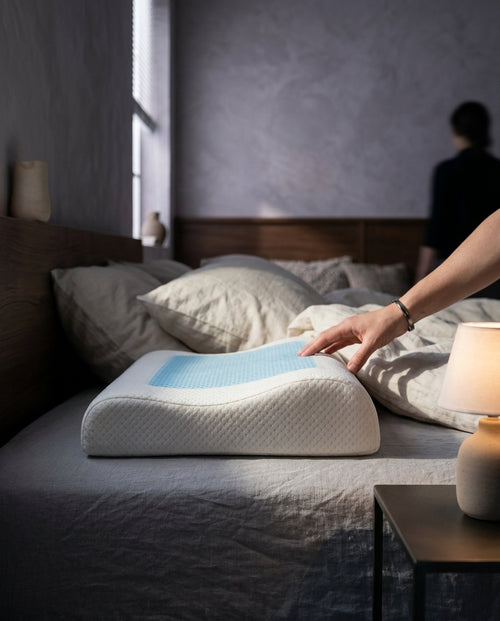 Almohada cervical viscoelástica con gel refrescante Fresco, de perfil a la altura del colchón