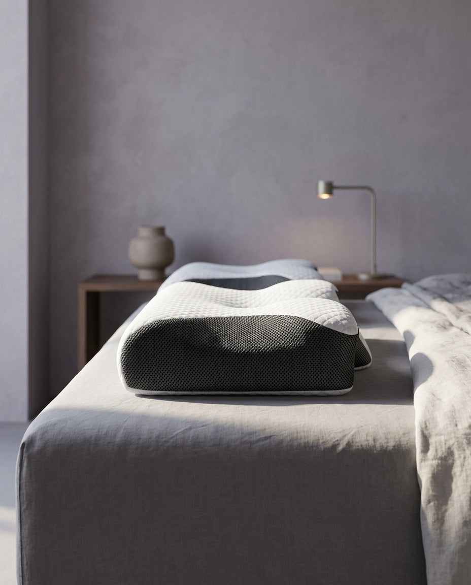 Almohada cervical mariposa de rebote lento Onda, de perfil a la altura del colchón