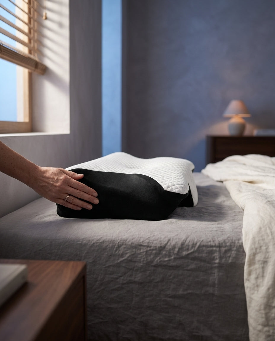 Almohada cervical mariposa ergonómica Luna, de perfil a la altura del colchón