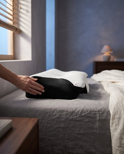 Almohada cervical mariposa ergonómica Luna, de perfil a la altura del colchón