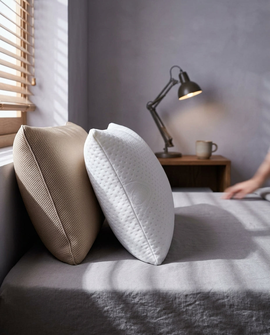 Almohada viscoelástica Aloe Vera con tejido 3D Fresh, de perfil a la altura del colchón