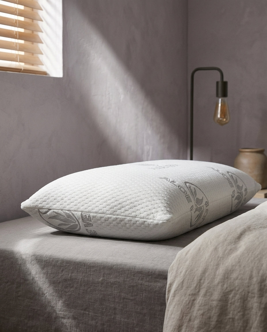 Almohada viscoelástica con aloe vera y firmeza media Aloe, de perfil a la altura del colchón