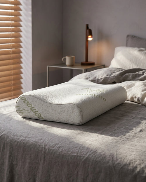 Almohada cervical compacta de rayón de bambú Brote, de perfil a la altura del colchón