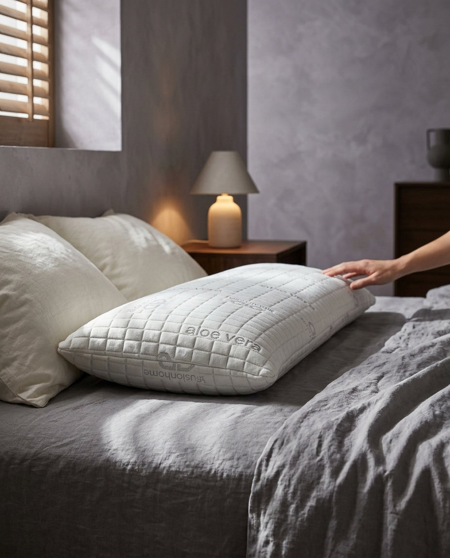 Almohada de copos de viscoelástica con aloe vera Copos, de perfil a la altura del colchón