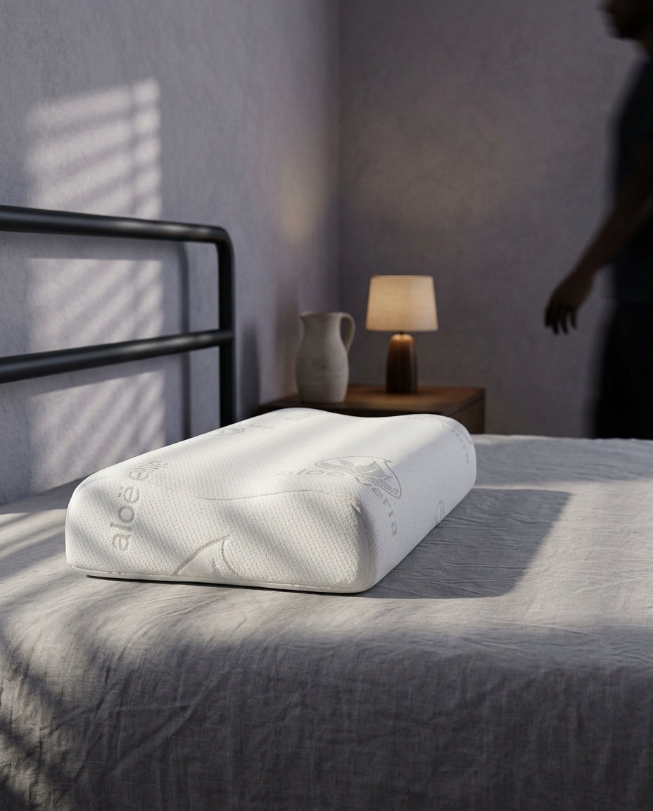 Almohada viscoelástica de núcleo completo Firme, de perfil a la altura del colchón