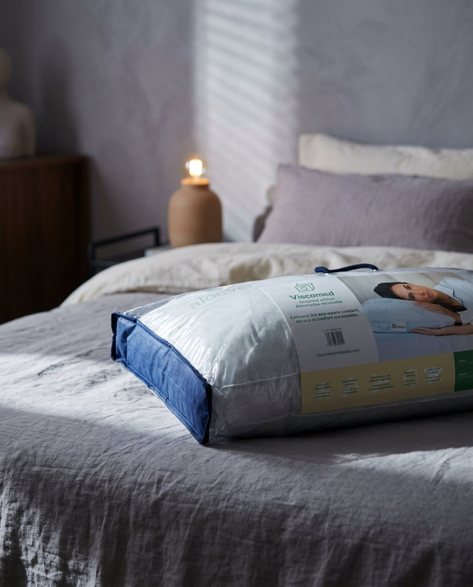 Almohada de copos viscoelásticos Viscomed, de perfil a la altura del colchón