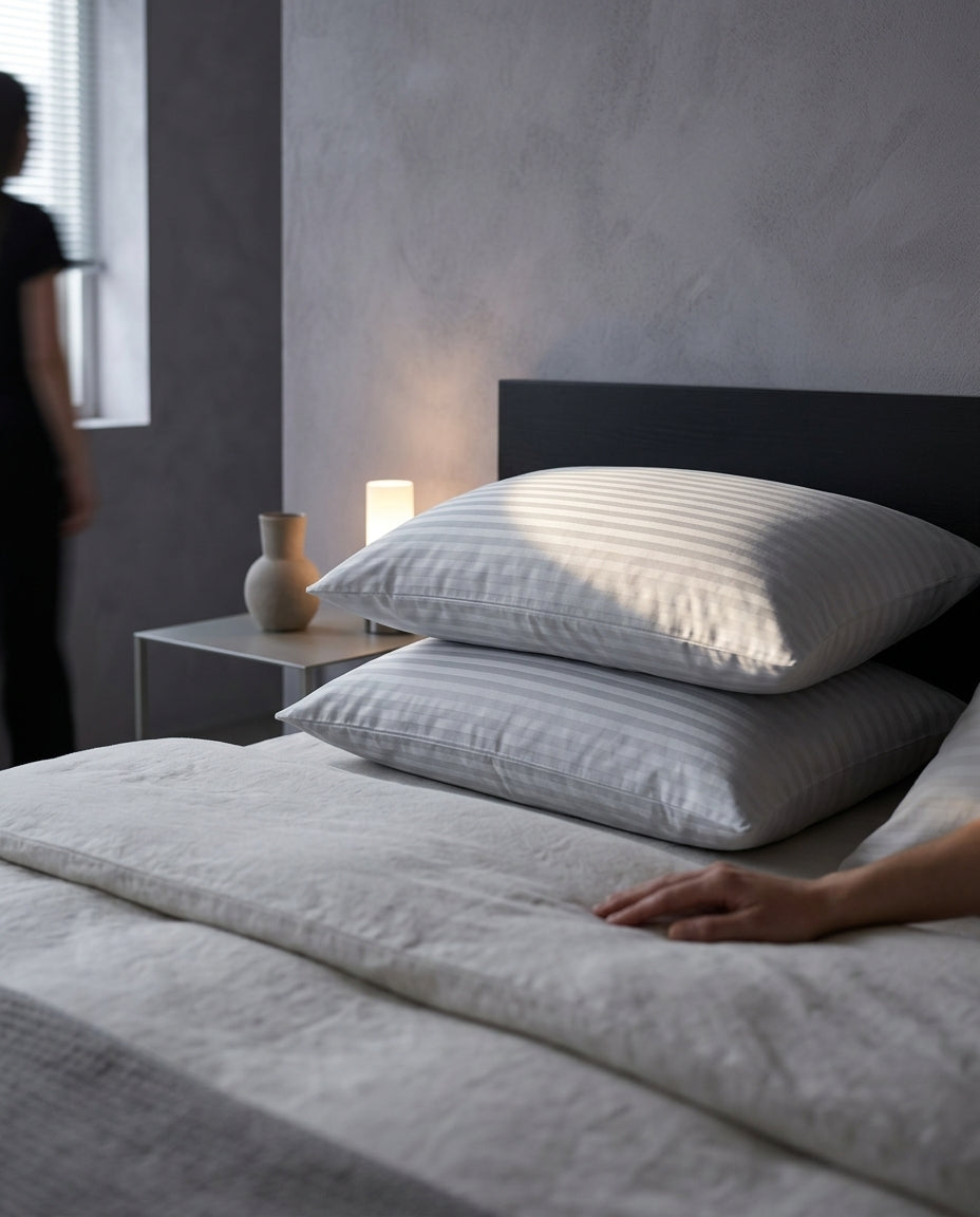 Fundas de almohada de algodón 100% Algodón, sobre una cama hecha con ropa de cama de lino