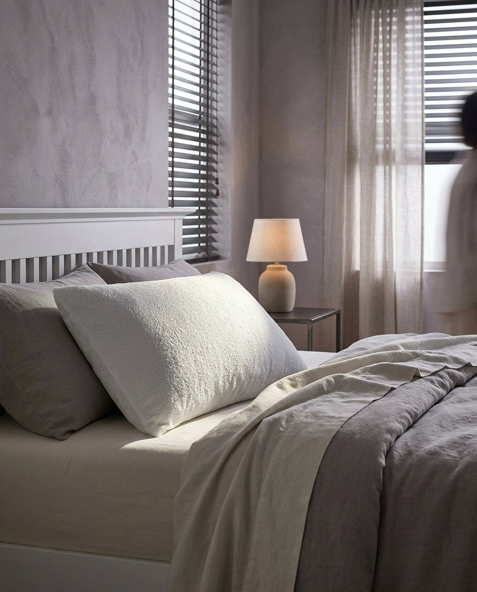 Pack de dos protectores de almohada Doble, sobre una cama hecha con ropa de cama de lino