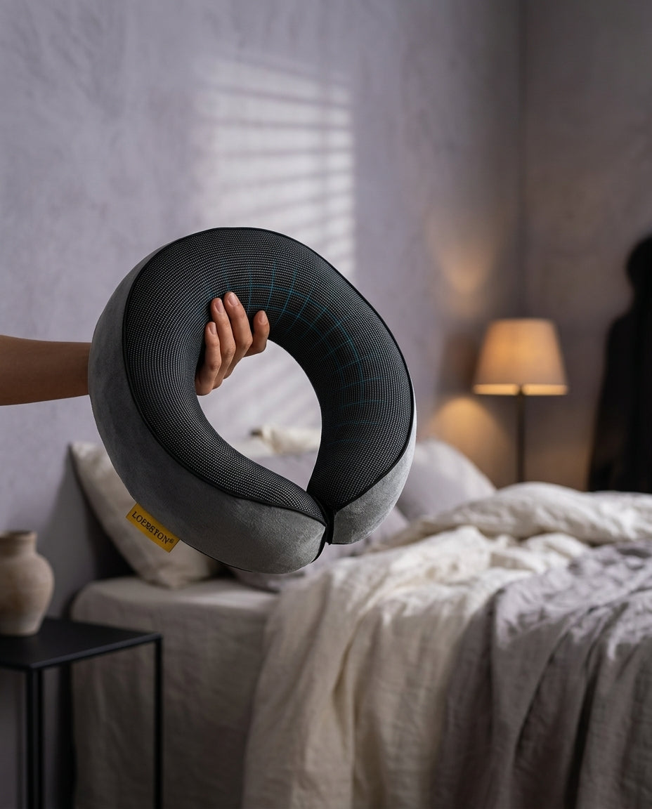 Almohada de viaje en U de espuma viscoelástica Vuelo, sostenido entre las manos sobre un edredón
