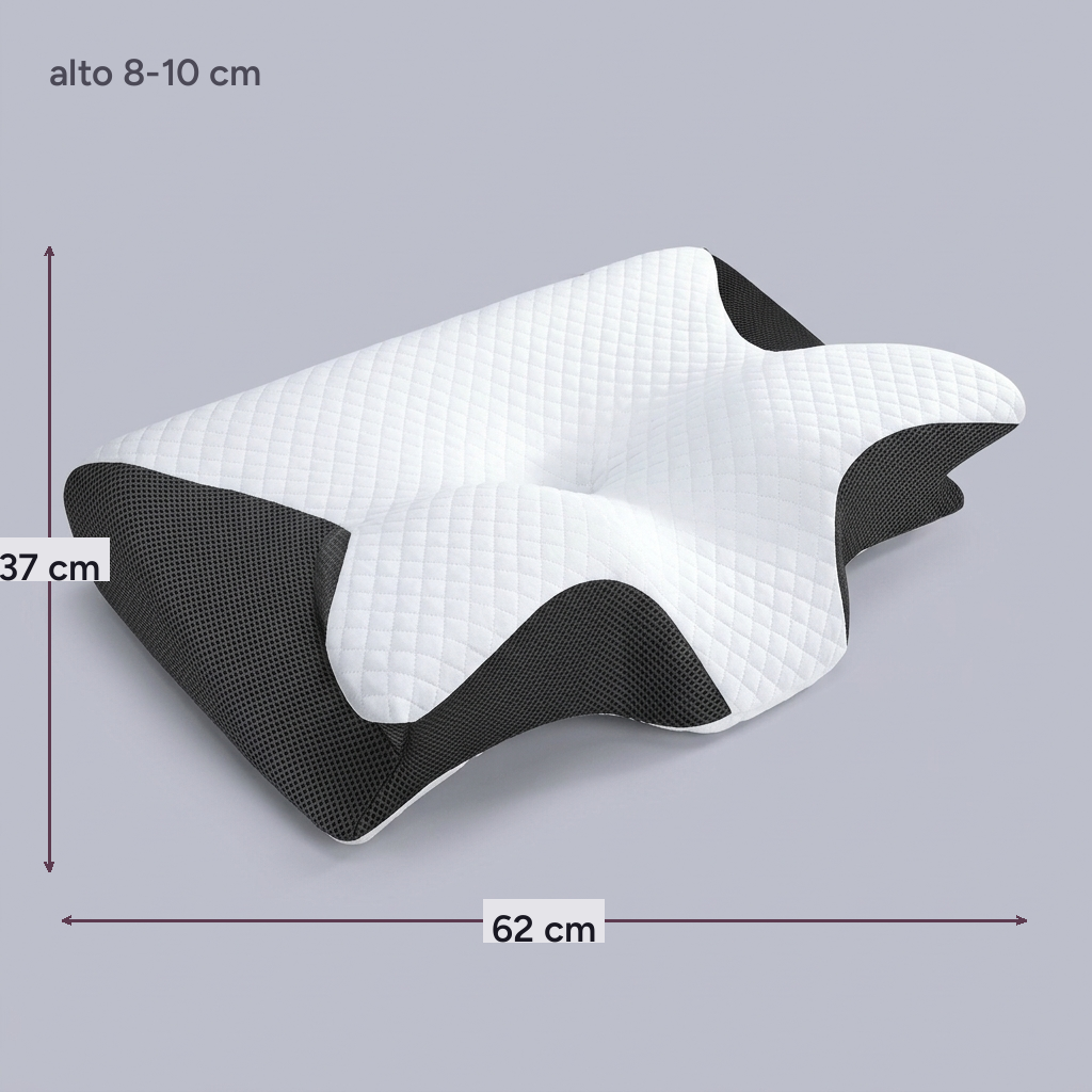 Almohada cervical mariposa de rebote lento Onda, con sus medidas indicadas