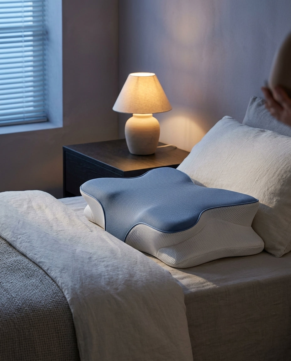 Almohada cervical mariposa de espuma viscoelástica con funda fría Nube, sobre una mesita de noche con la lámpara encendida