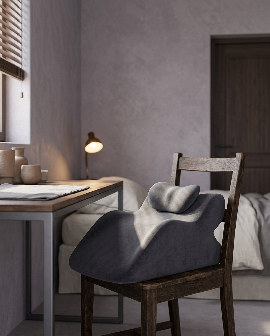 Cojín cuña ergonómico de 30/60° Cuña, en una silla de madera junto a un escritorio