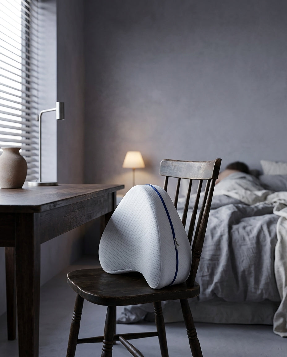 Cojín ergonómico para piernas y rodillas Descanso, en una silla de madera junto a un escritorio