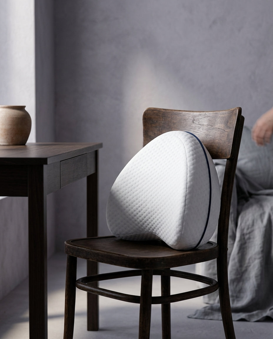 Cojín viscoelástico para piernas y rodillas Entre, en una silla de madera junto a un escritorio