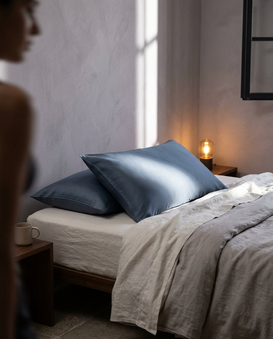 Juego de dos fundas de almohada Suave, sobre una cama hecha con ropa de cama de lino