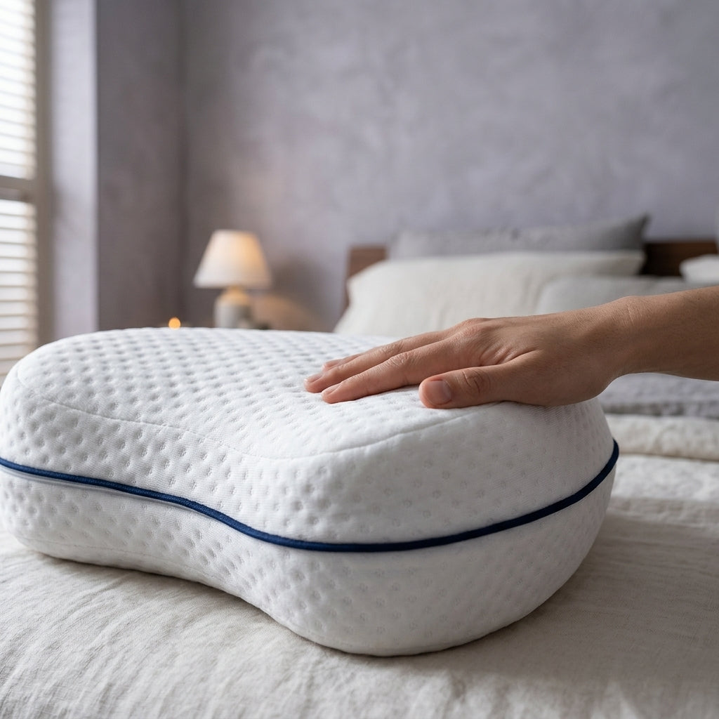 Cojín viscoelástico para piernas y rodillas Entre, detalle del tejido y la espuma
