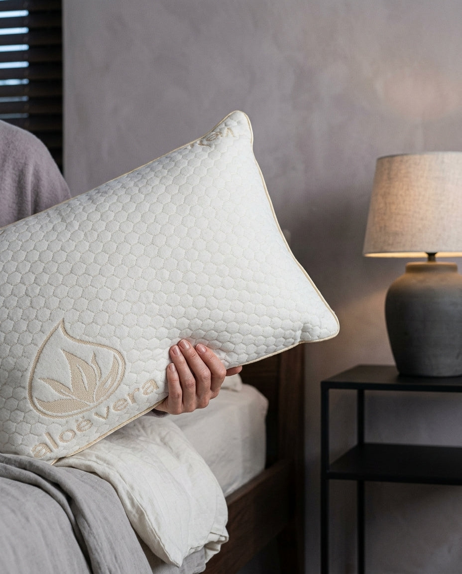 Almohada de viaje viscoelástica con aloe vera Trayecto, sostenido entre las manos sobre un edredón