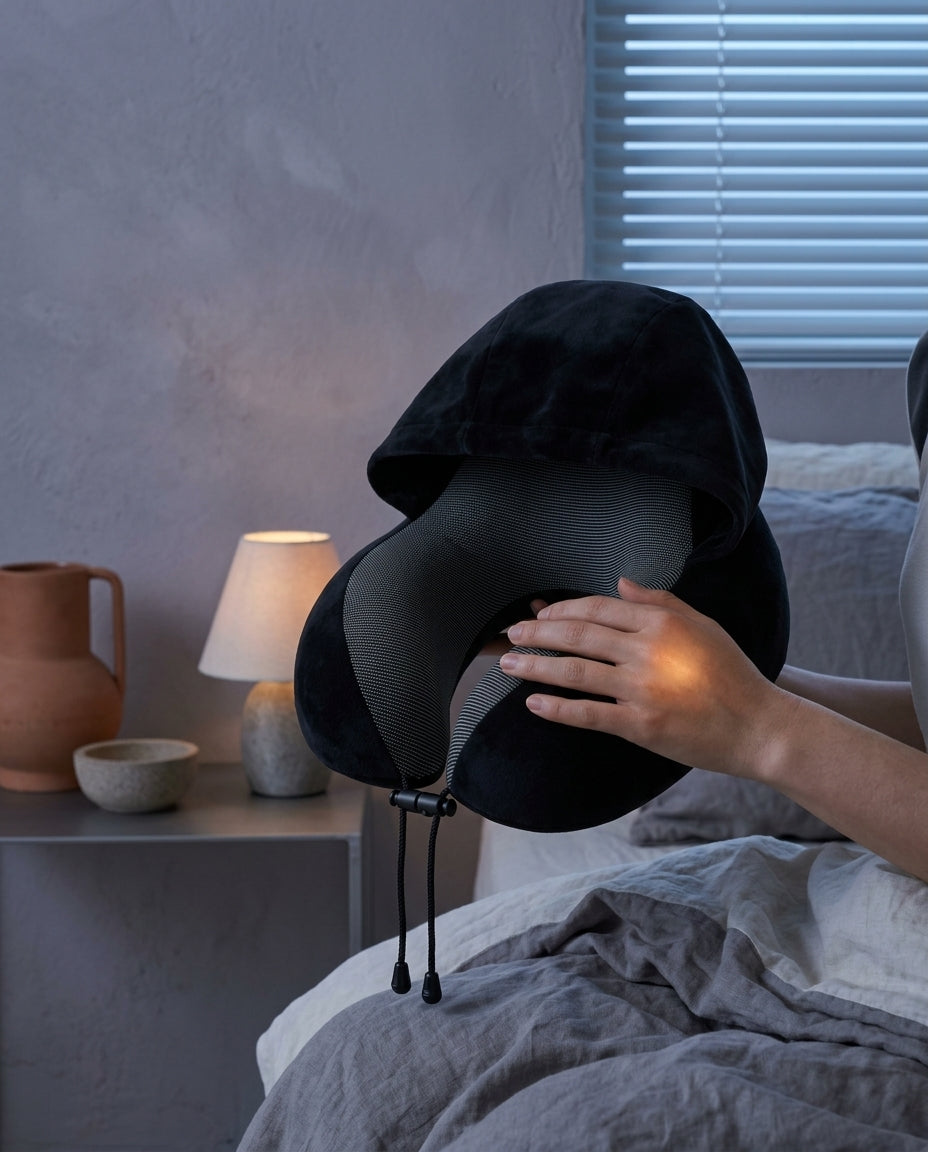 Almohada de viaje en U con capucha Capucha, sostenido entre las manos sobre un edredón