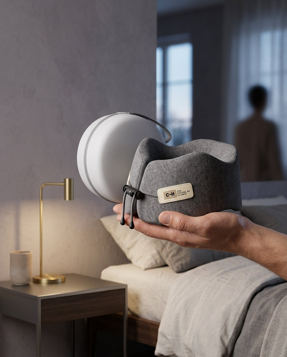 Almohada de viaje en U con soporte lateral Tramo, sostenido entre las manos sobre un edredón