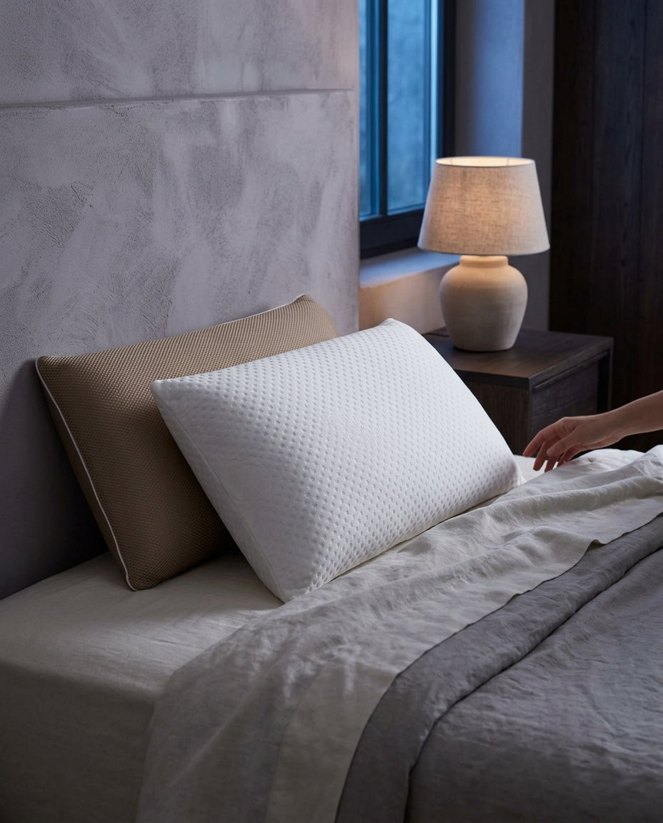 Almohada viscoelástica Aloe Vera con tejido 3D Fresh, sobre una mesita de noche con la lámpara encendida