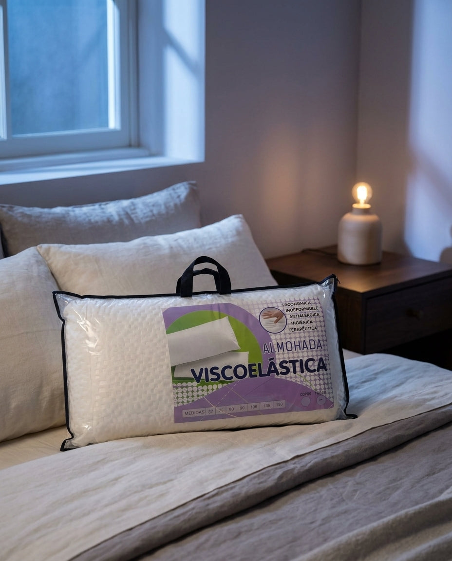 Almohada viscoelástica indeformable de 70 cm Sólida, sobre una mesita de noche con la lámpara encendida