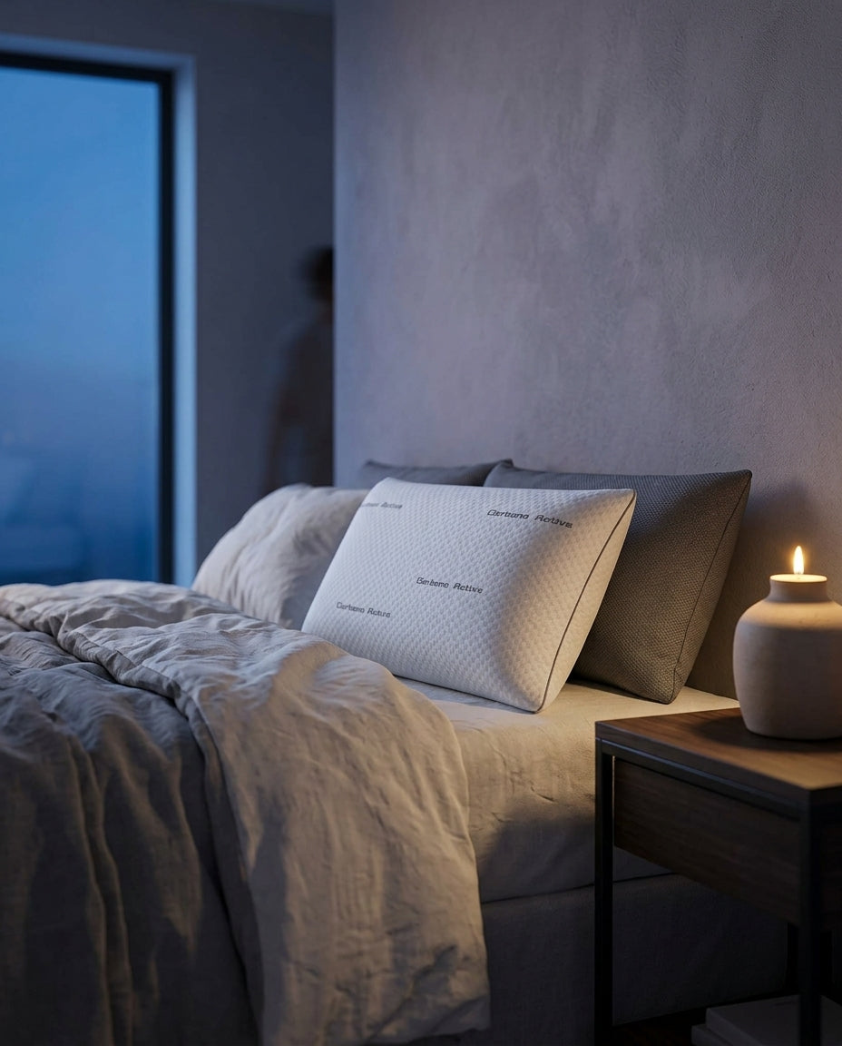 Almohada viscoelástica en seis medidas Medida, sobre una mesita de noche con la lámpara encendida