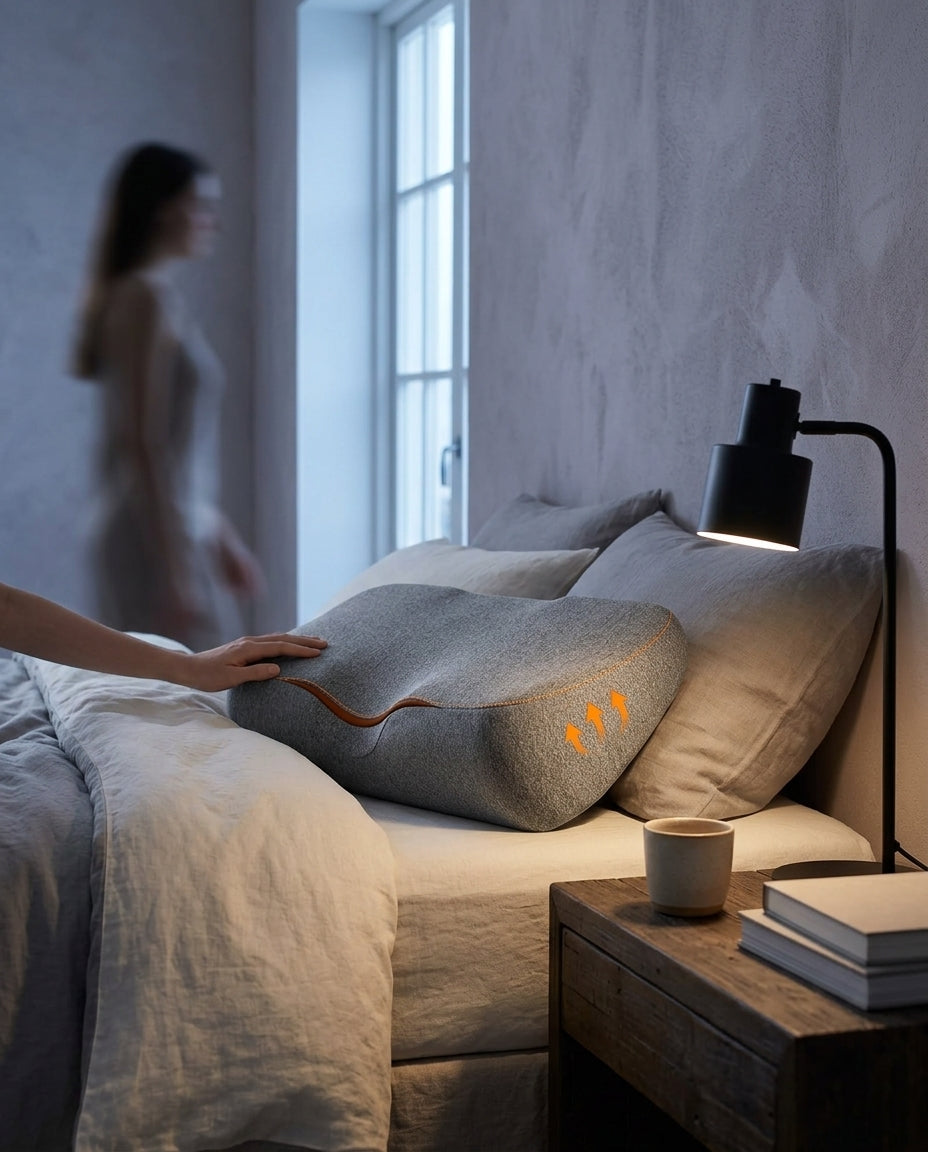 Almohada cervical de contorno columnar Pilar, sobre una mesita de noche con la lámpara encendida