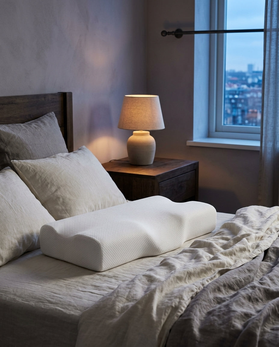Almohada cervical mariposa de espuma viscoelástica Mariposa, sobre una mesita de noche con la lámpara encendida