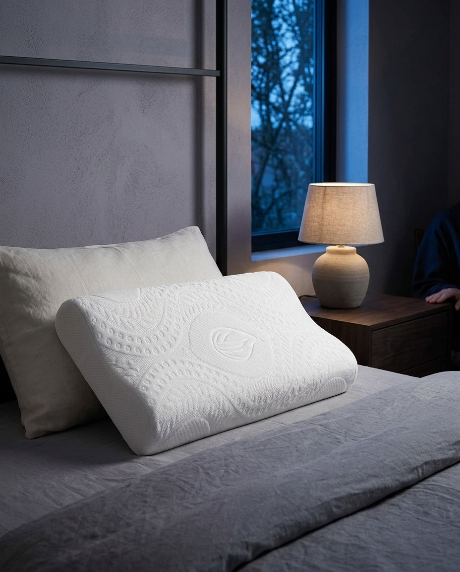 Almohada cervical de doble altura Dos, sobre una mesita de noche con la lámpara encendida