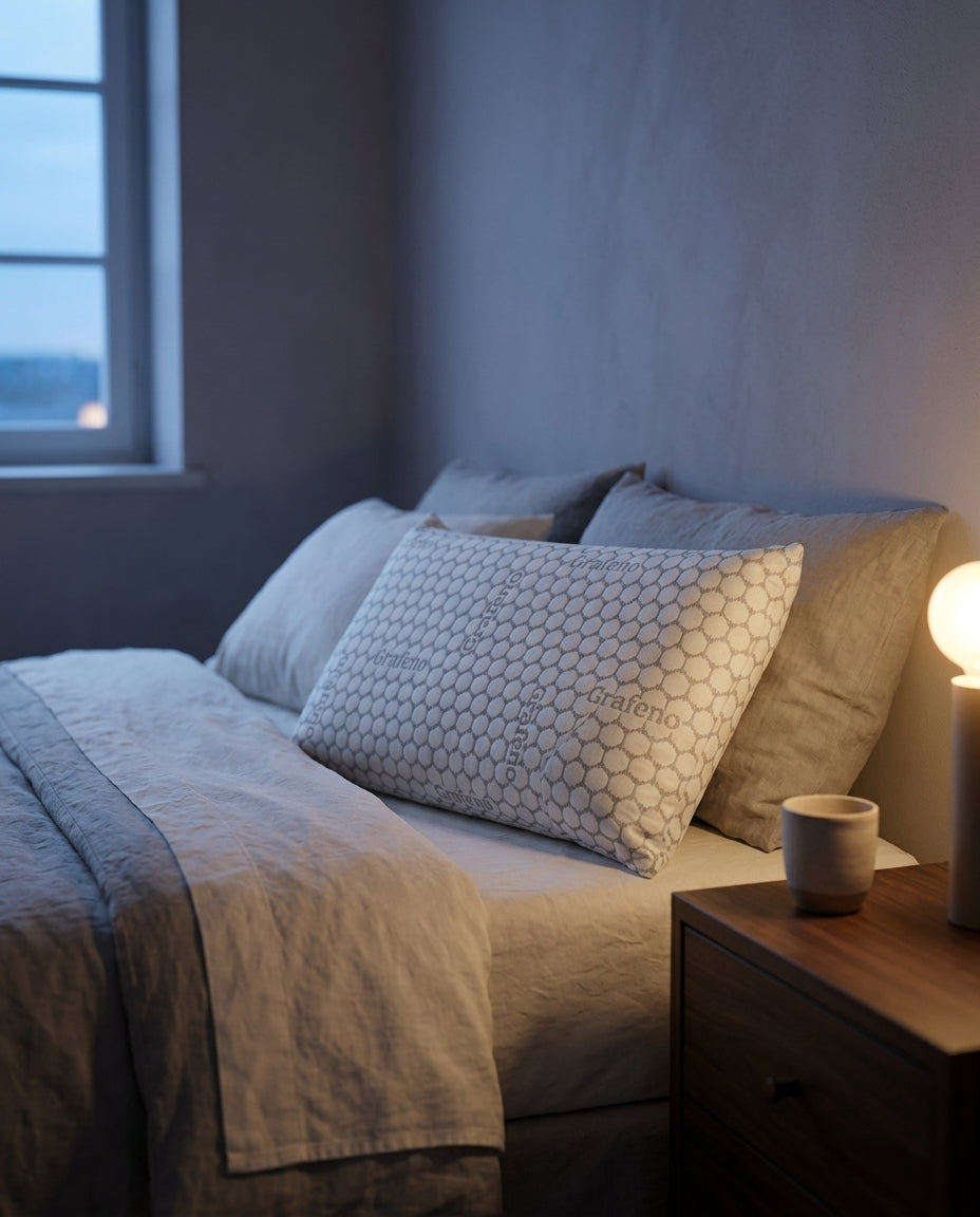 Almohada viscoelástica con grafeno Grafeno, sobre una mesita de noche con la lámpara encendida