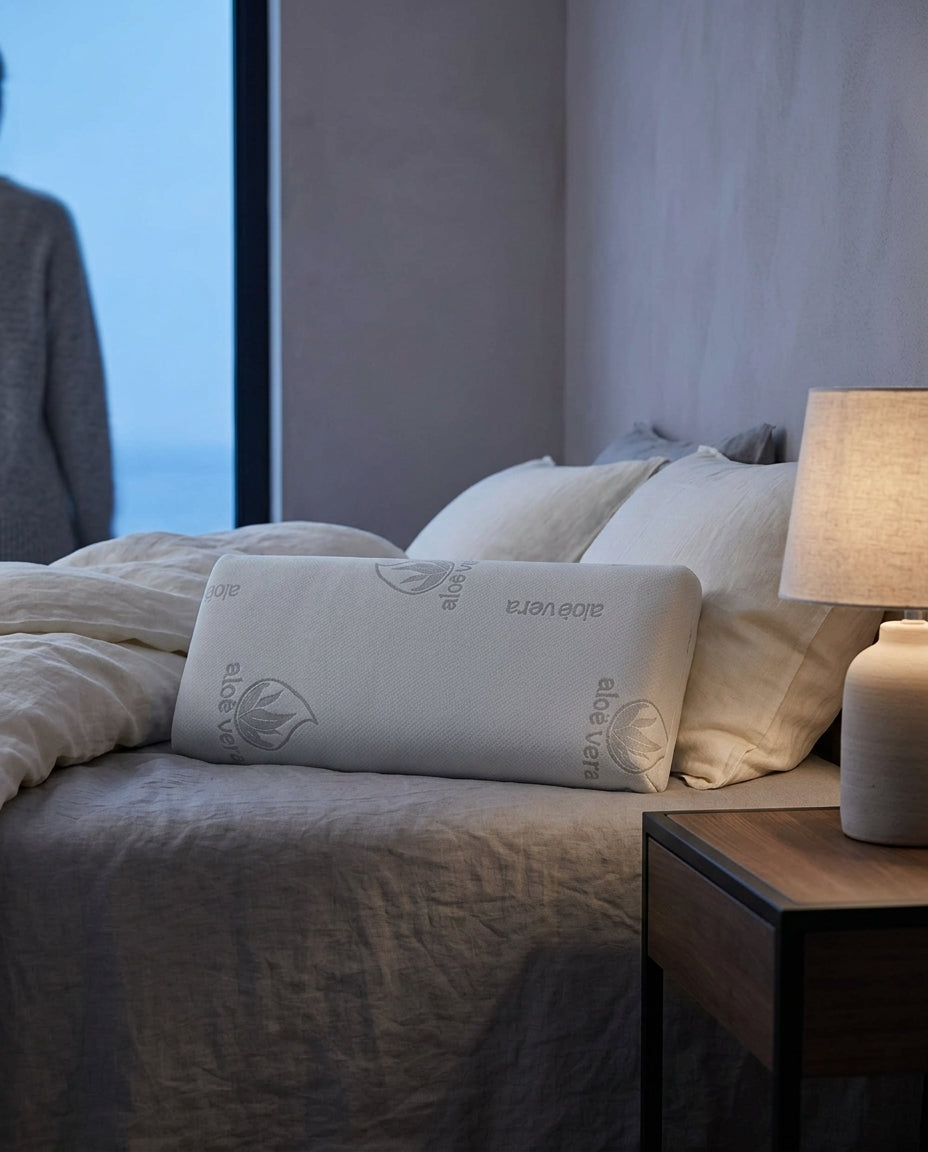 Almohada viscoelástica de núcleo completo Firme, sobre una mesita de noche con la lámpara encendida