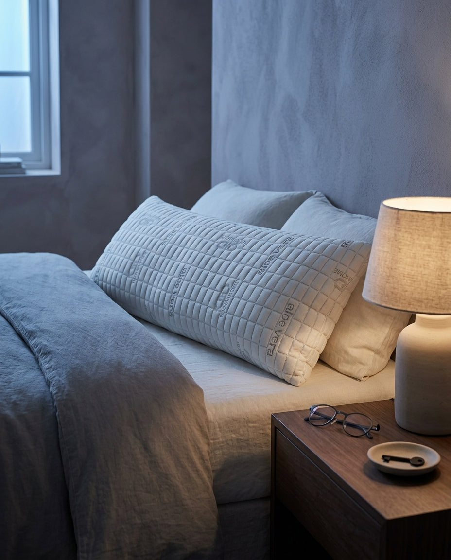 Almohada de copos de viscoelástica con aloe vera Copos, sobre una mesita de noche con la lámpara encendida