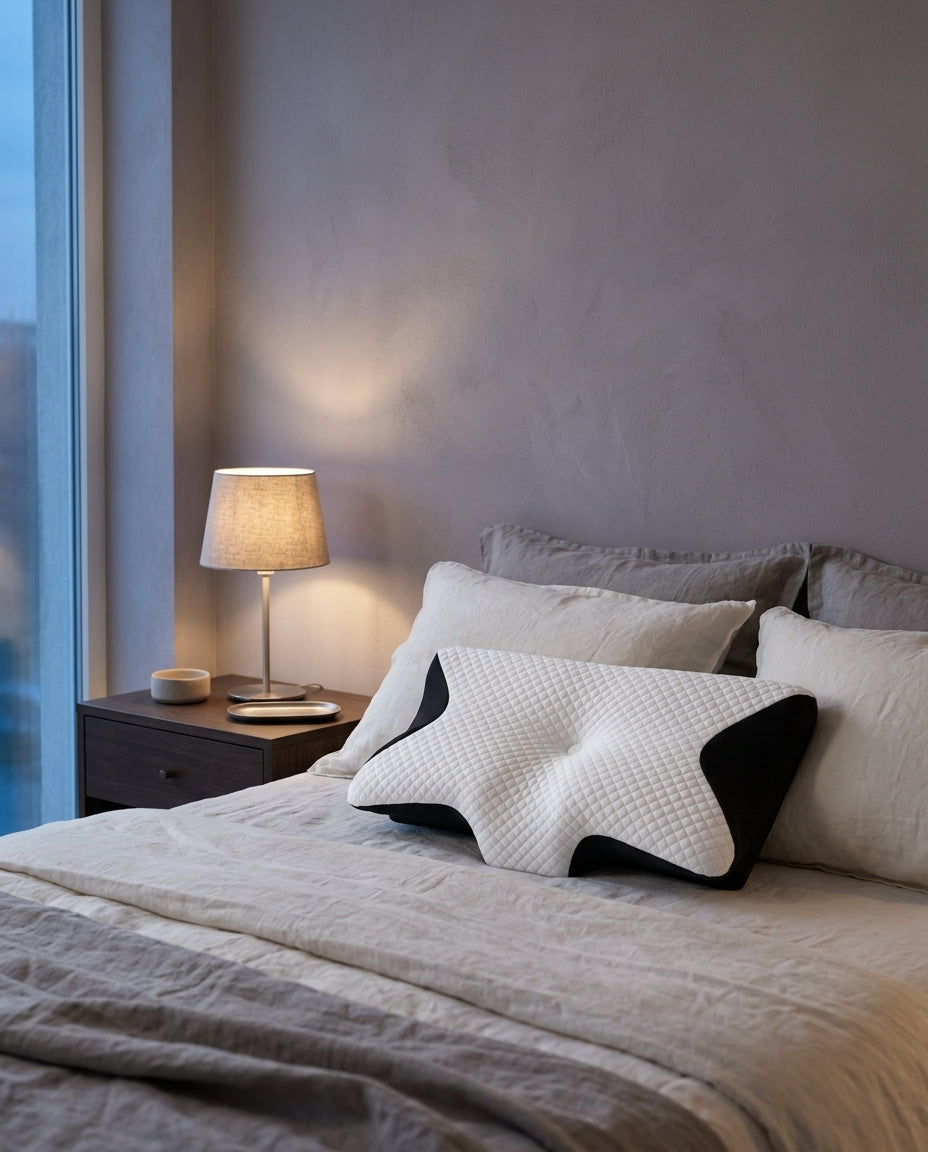 Almohada cervical mariposa ergonómica Luna, sobre una mesita de noche con la lámpara encendida
