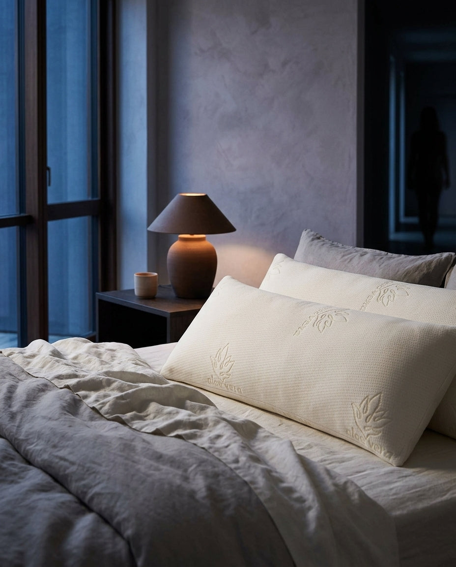 Pack de 2 almohadas viscoelásticas de copos Pareja, sobre una mesita de noche con la lámpara encendida